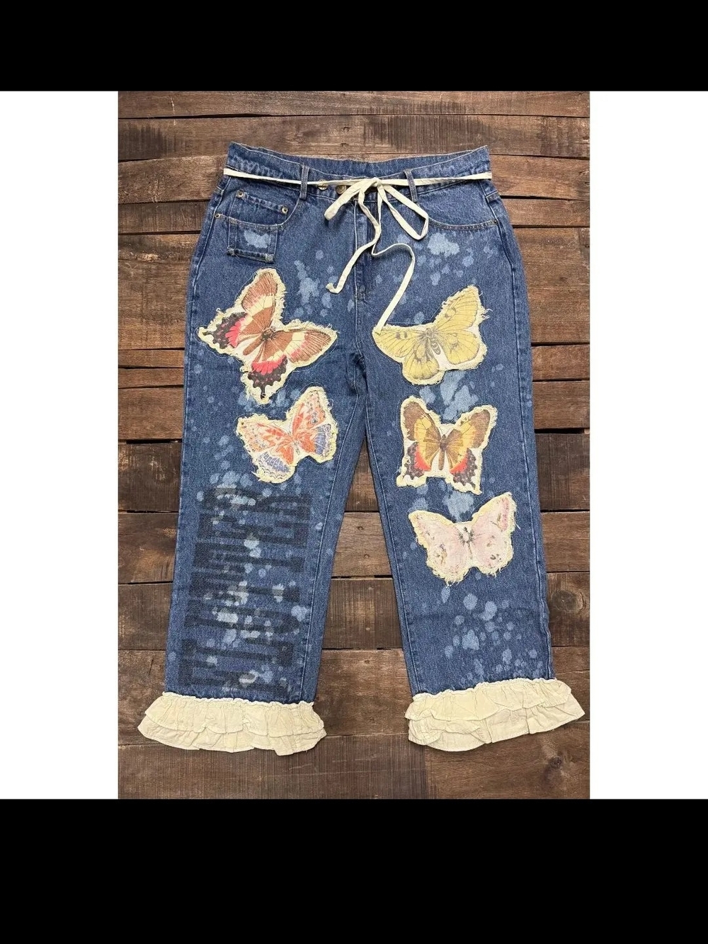 Jaded Gypsy Butterfly Patchwork Ruffle Hem Denim Jeans - Blue